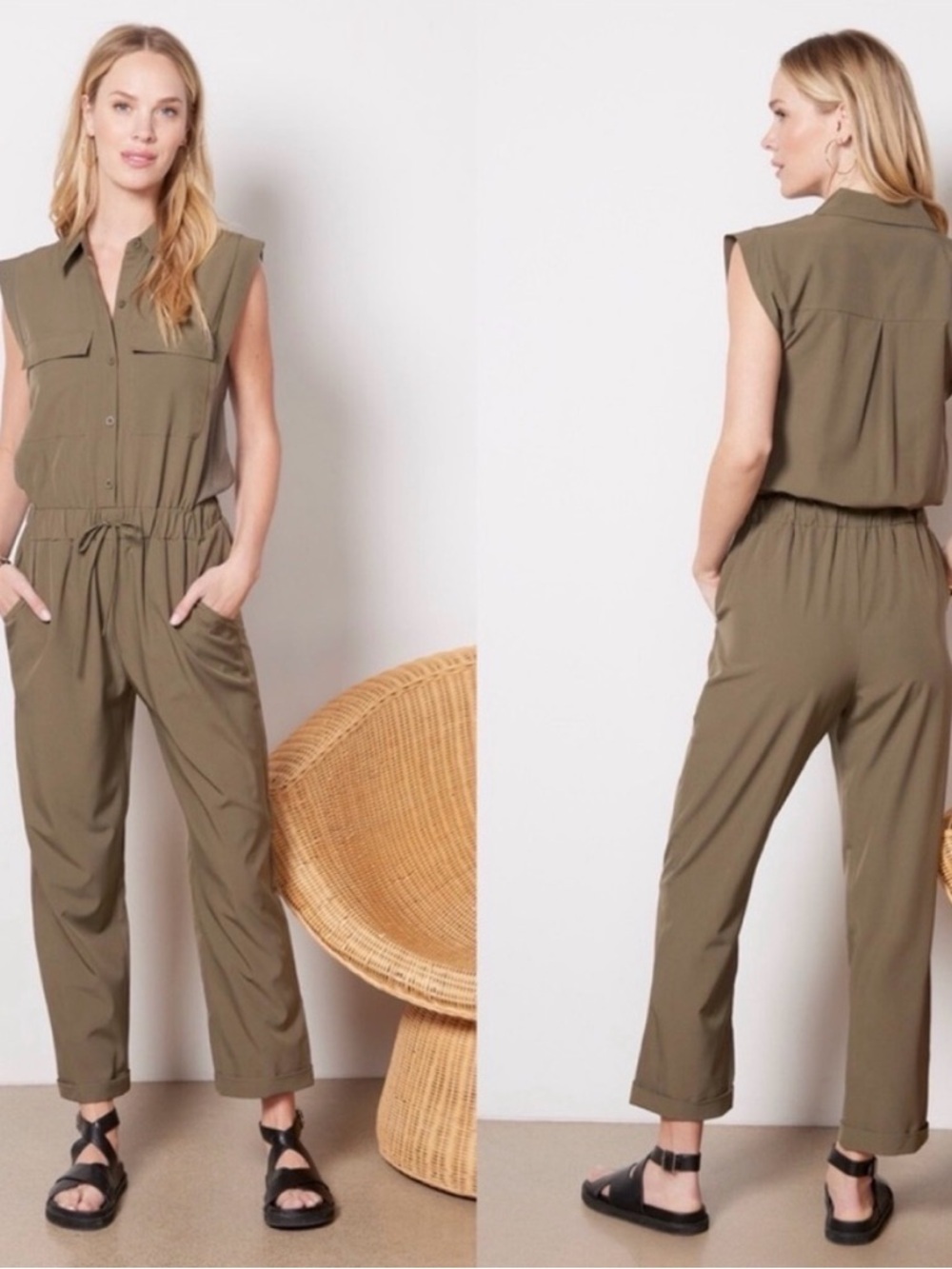 Evereve Olive Scout Utility Drawstring Jumpsuit Size Medium